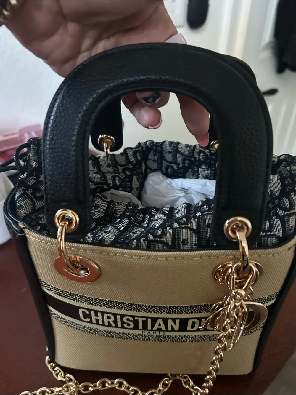Fashion Beige Canvas Mini Bag with Black Trim and Gold Hardware - Picture 3 of 6